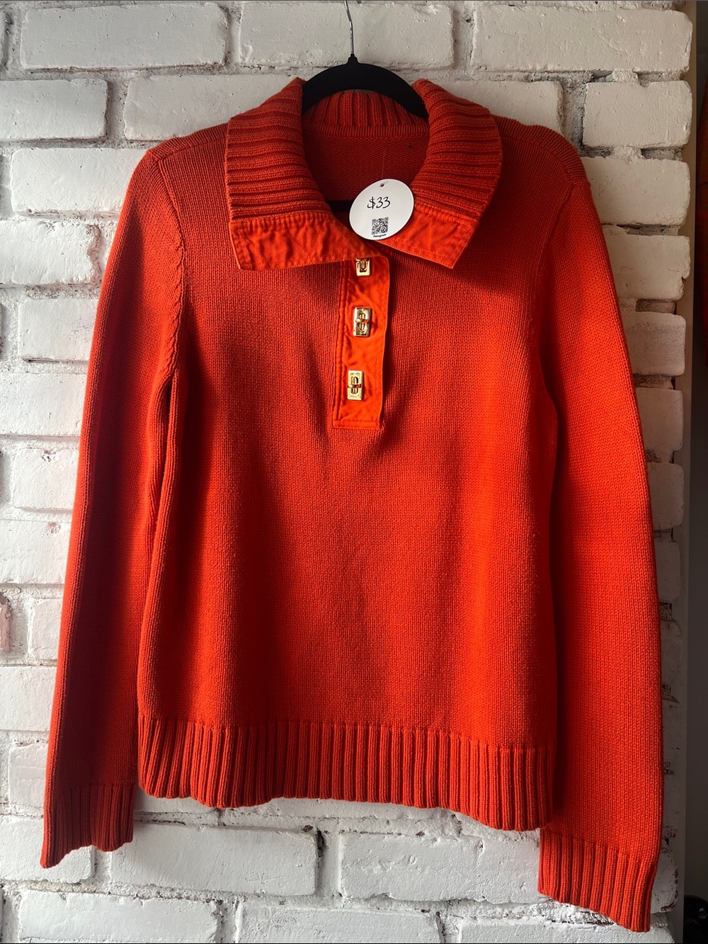 Orange Turtleneck Sweater metal button mock neck relaxed fit
